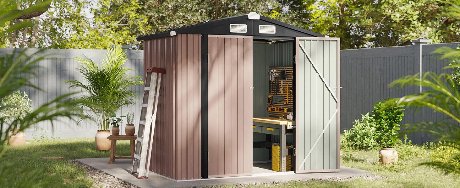 Aoxun 6x4FT Brown Galvanized Steel Outdoor Storage Shed - Reinforced Frame, Solid Panels, Sloping Roof, Lockable Door for Garden, Patio, Easy Setup