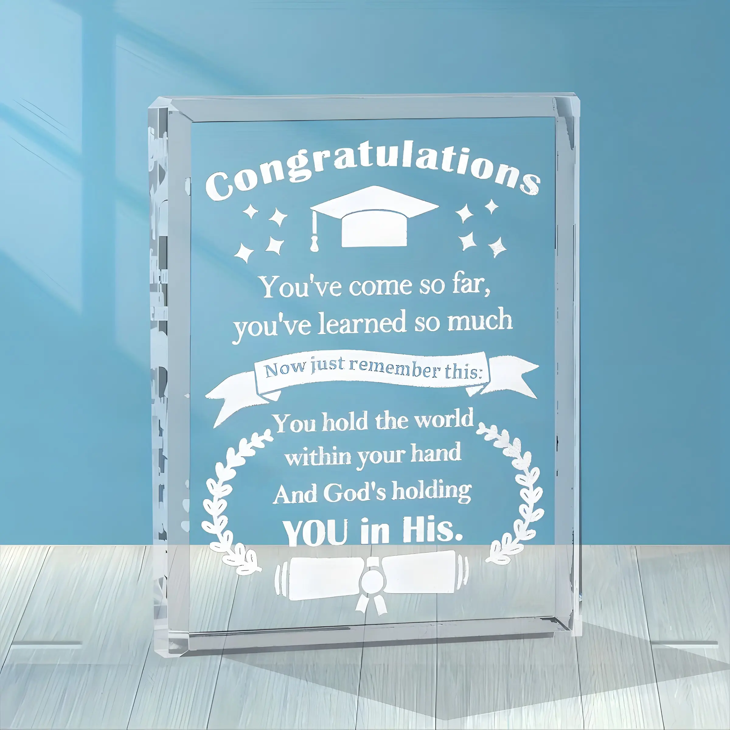 Transparent Acrylic Graduation Plaque, Elegant Desk Decor, Acrylic Desktop Decoration, Includes Cap, Scroll, Laurel Leaf, Perfect Gift for Graduates, Inspirational Design