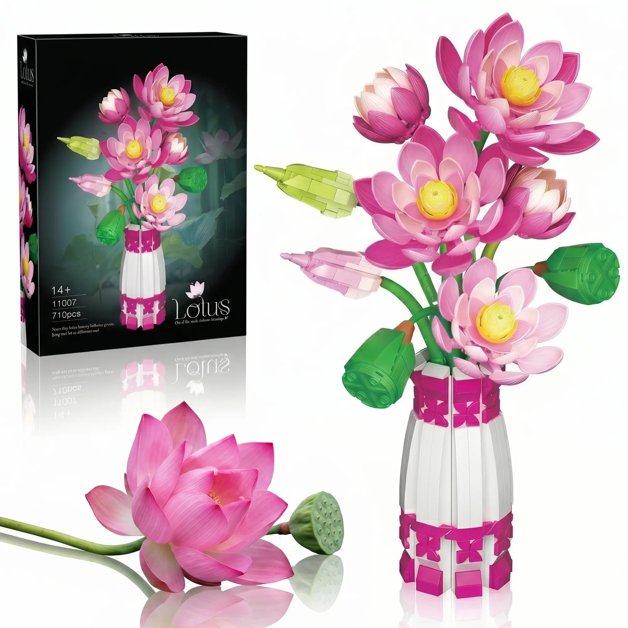 Lotus Flower Plastic Faux Flowers Building Set with Vase, Botanical Collection Toy Kit for Adults, Relaxing Creative DIY Project, Unique Anniversary Gift, Serene Home-Office Decor