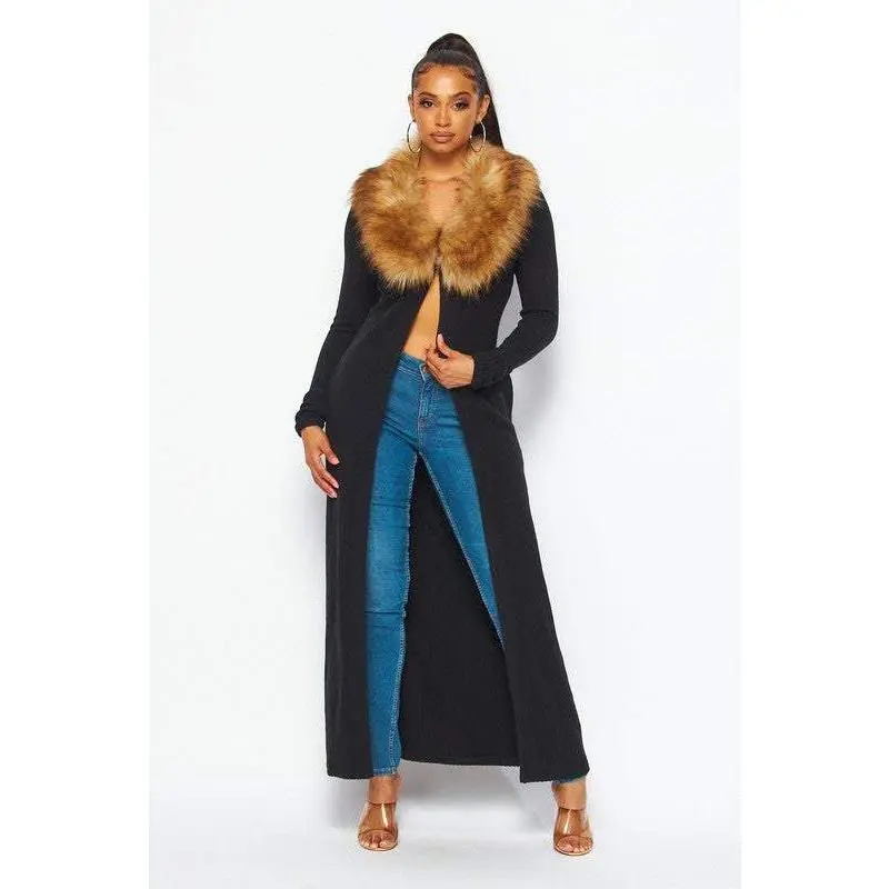 Faux Fur Collard Cardigan Sweater