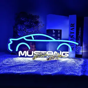 Musstang Neon Sign for Wall Decor, Blue Car LED Neon Light USB Powered for Garage, Man Cave, Car Enthusiast Room, Racing Garage Decor for Ford Musstang Fans