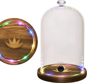 Smoking Infuser Accessory LED lights Glass Dome 9" x 5.7" Lid with Wooden Base - Smoke infuser Cover Lid for Cocktail Smoker - Dome for Cold Smoke, Smoking Cloche for Drinks