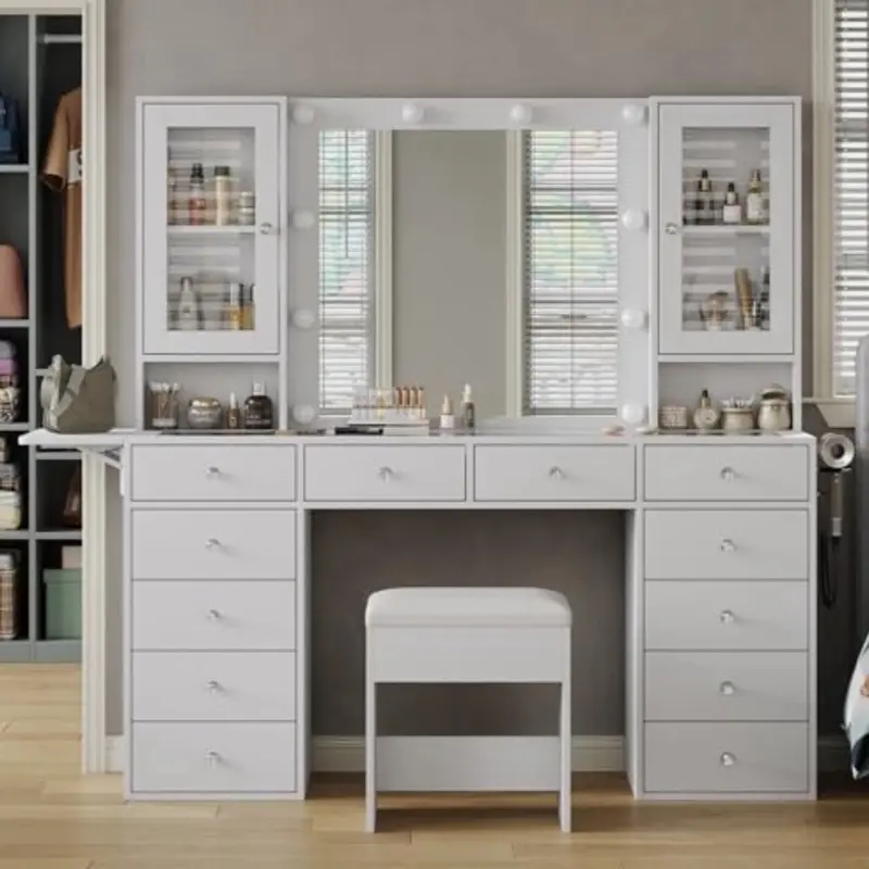 Vanity with Mirror w 10 LED Lights, Makeup Vanity w 12 Drawers，White Vanity desk