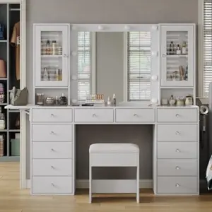 Vanity with Mirror w 10 LED Lights, Makeup Vanity w 12 Drawers，White Vanity desk