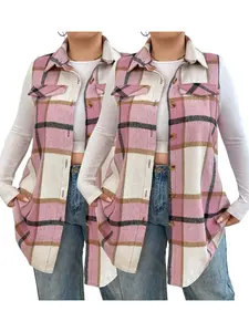Plus Size Women's Plaid Casual Notched Neck Vest Jacket (fake Pockets), Button Front, Fitted Sleeveless Design, Fall & Winter Fashion