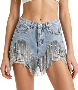 Jean Shorts Womens High-Waisted Rhinestone Fringe Light-Wash Distressed Frayed-Edge Denim Shorts Sparkly Casual Bottoms Trendy Y2k-Style Denim Shorts Perfect For Concerts Nightclub Parties Nighttime Outings And Street Style Western-Inspired Look