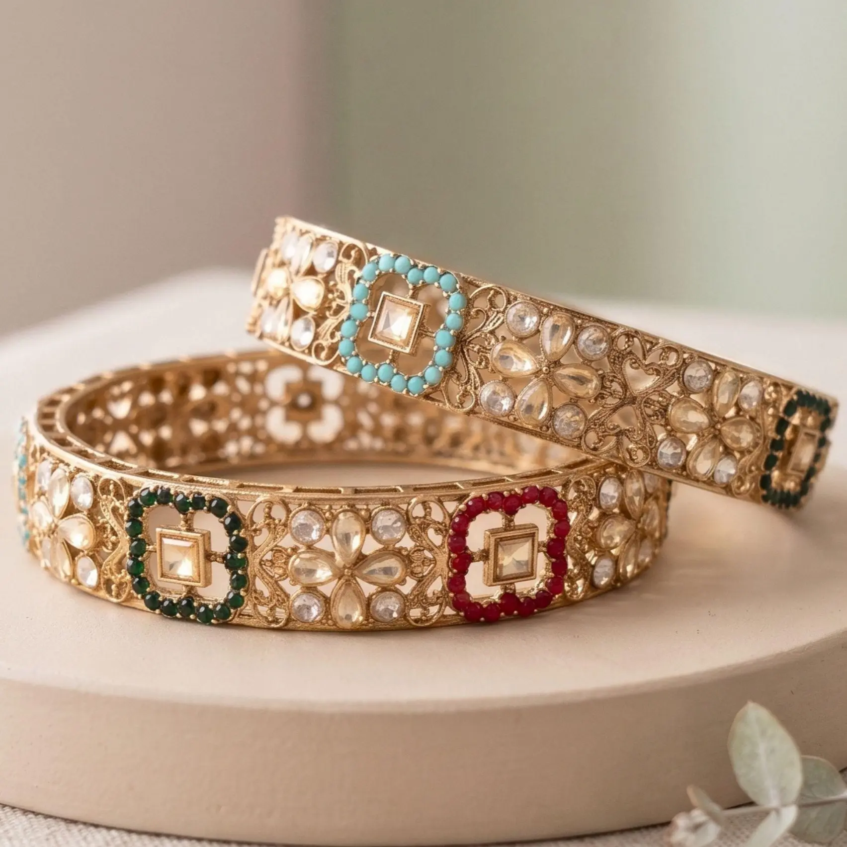 American Diamond (AD) Kara Bangles Set In Mehndi Polish, Indian Bridal Jewelry, Pakistani Party Wear