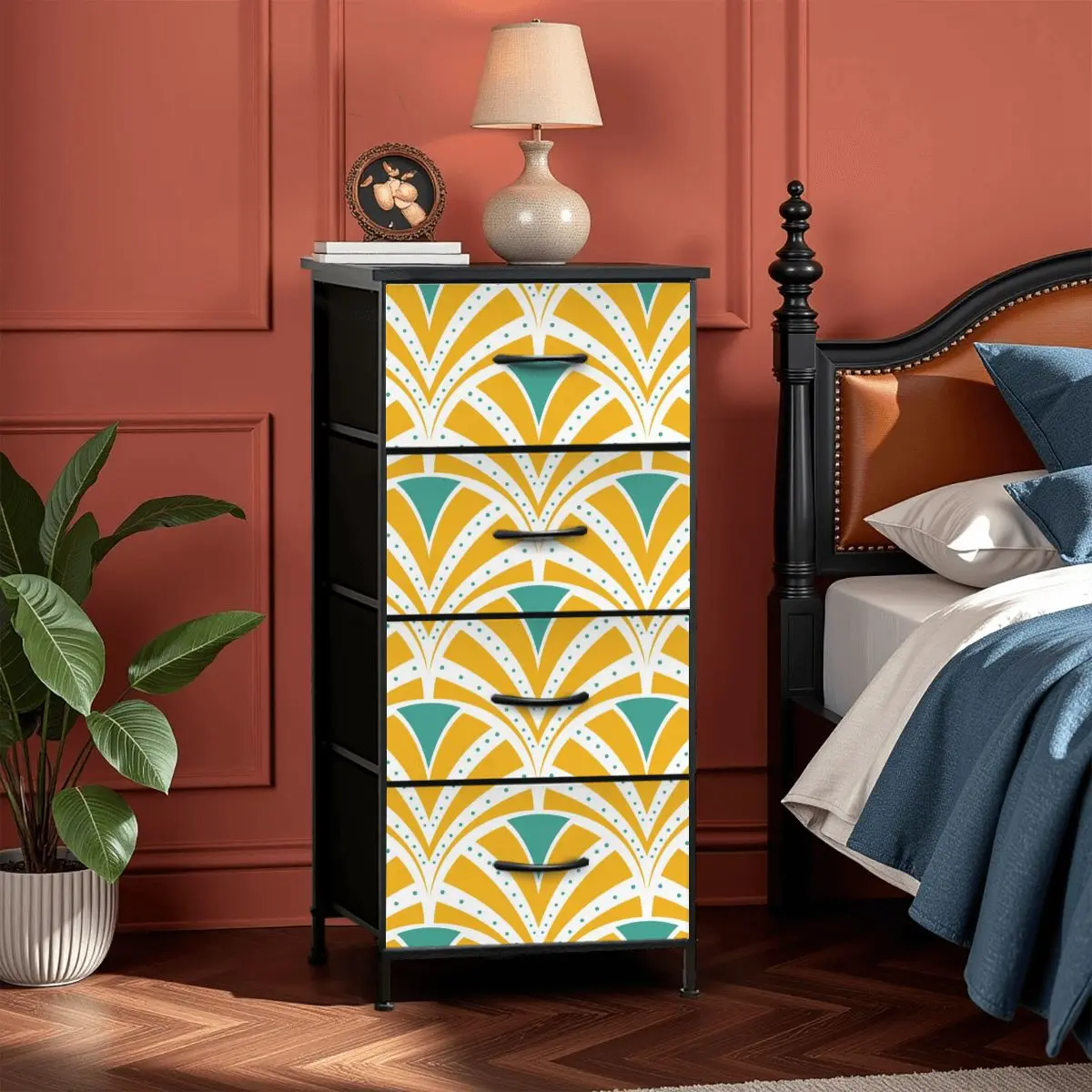 Art Deco Modern Yellow Teal 4-Drawer Dresser