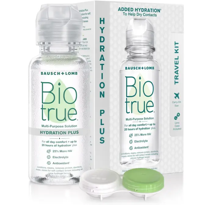 Biotrue Hydration Plus Contact Lens Solution with Lens Case, Multi-Purpose Solution for Soft Lenses, Hydrates with Hyaluronan, Cleans, Clears, and Disinfects for All-Day Comfort, 2 Fl Oz (Pack of 2)
