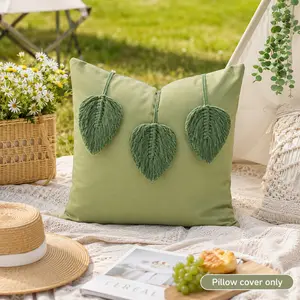 1/2pcs Cushion Cover Sage Green Macrame Leaf Aesthetic Room Decor Throw Pillow Covers Boho Decor Decorative Pillows 18x18 12x20 Nature Inspired Fresh Leaf Decor Cozy Home Reading Nook Decor (Pillow cover only)