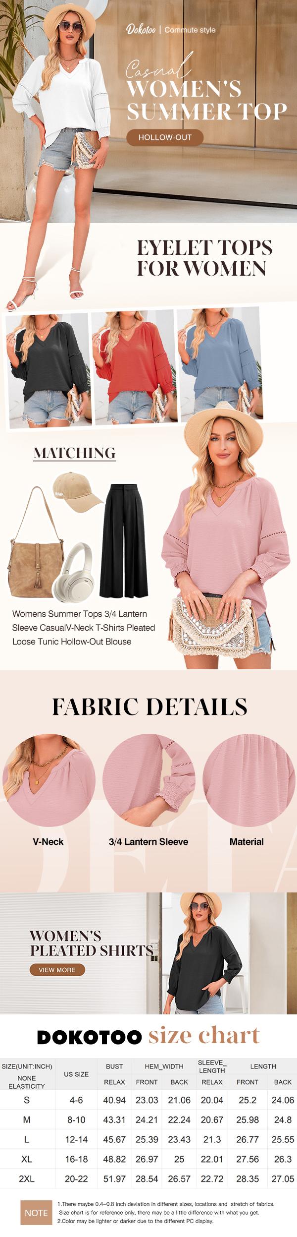 Dokotoo Women's Summer Tops 3/4 Lantern Sleeve Casual V-Neck T-Shirts Pleated Loose Tunic Hollow-Out Blouse Regular Fit 100% Polyester Soft Breathable Stretchy Skin-Friendly Drapes Nicely Durable Comfortable for All Seasons