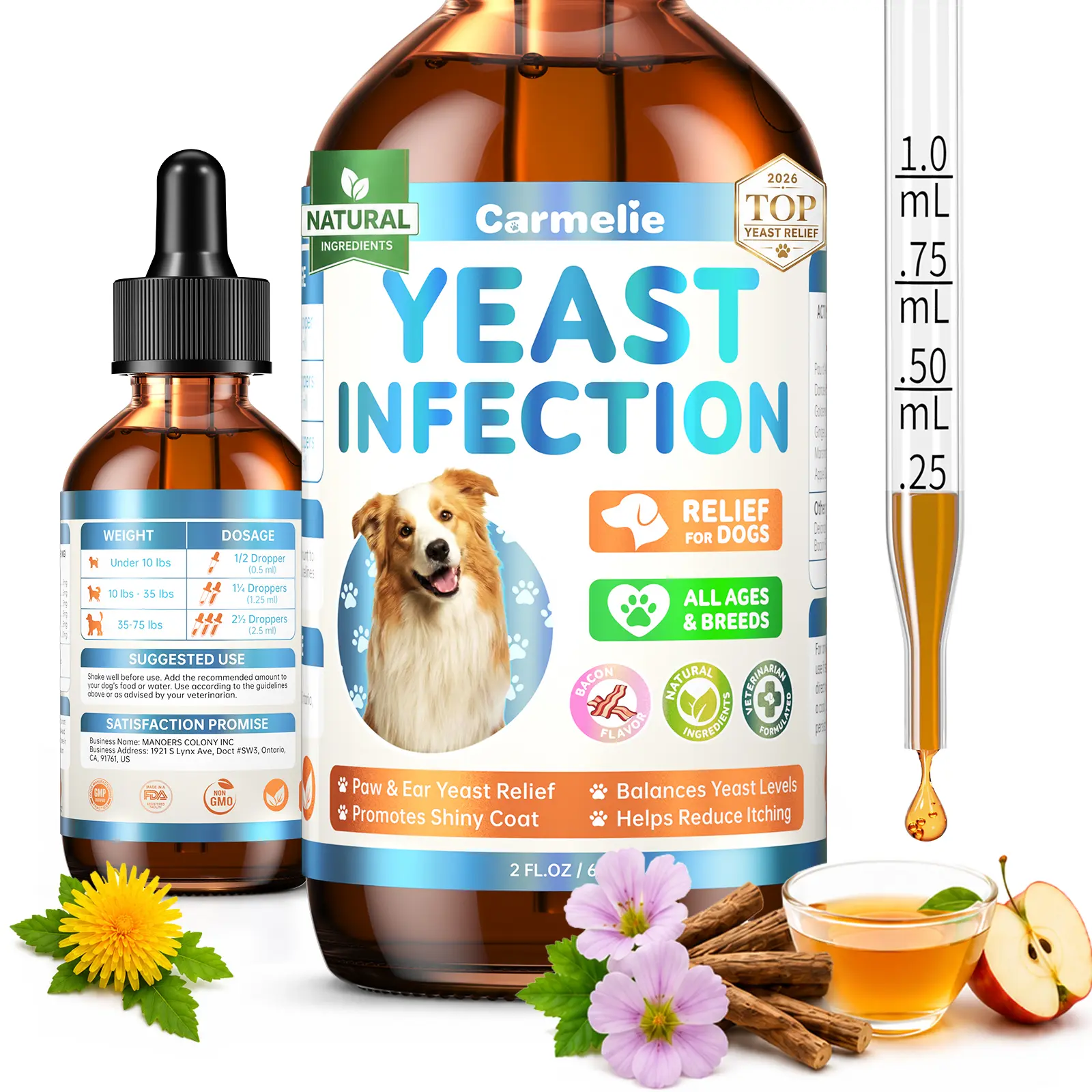 Carmelie Yeast Infection Treatment Drops for Dogs, Helps Relieve Yeast Overgrowth, Allergy & Itch Relief, Ear & Paw Odor Care, Skin & Coat Support, Bacon Flavor 60ml, Safe for All Ages Dogs