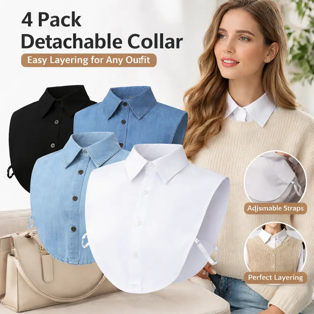 4-Pack Detachable Dickey Collar – Faux Half Shirt Blouse for Women, Layering Accessory for Sweaters, Jackets & Dresses – Breathable Cotton False Collar, Fake Collar Top for Uniforms & Casual Wear