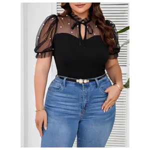Plus Size Mesh Patchwork Pearls Tie Neck Top Puff Sleeve Frill Trim T Shirt Tops