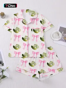 Women's Spring Summer Pajama Sleepwear Set, Cartoon Print, Comfortable Shirt Collar Short Sleeve Top & Loose Elastic Shorts, Casual Loungewear Home Wear
