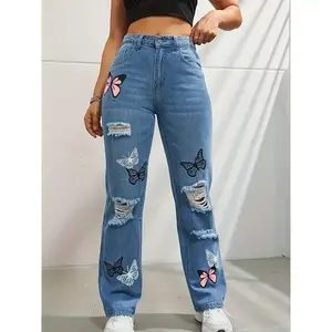 Women's casual loose straight leg jeans, loose pants, paired with butterfly print decoration, suitable for banquets, dances, cocktail parties, parties, birthday parties, nightclubs, nightclubs, beer festivals, vacations, fashion shows