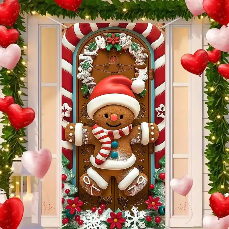 Christmas Door Banner with Cute Gingerbread Man Design, Polyester Fabric, Washable, Easy Installation, Home Decor & Photography Background