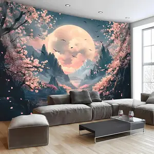 Panoramic Cherry Blossom Mountain and Moon Landscape Tapestry- Large Polyester Fiber Wall Hanging, Suitable Living Room, Bedroom, Office Decoration |     Includes hooks, Bedroom Tapestry, Home Decoration, Natureinspired Decor, Highquality Print, Durable F