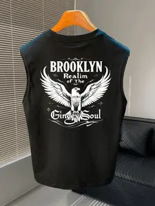 Brooklyn Eagle Soul Print Sleeveless Vest, Vintage Street Style, Gothic Font & Winged Eagle Design, Breathable Sports Tank Top