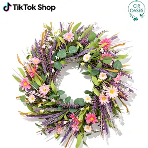 22inch Artificial Spring Summer Wreath Lavender with Colorful Flowers,Green Leaves for Front Door Home Wall Party Decor