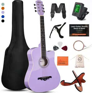 38" Inch Acoustic Guitar Bundle for Beginners Adults with Online Lesson, Cutaway  Acustica Guitarra Starter Set Package with Gig Bag, Strap, Steel Strings, Picks, Capos, Stand, Purple