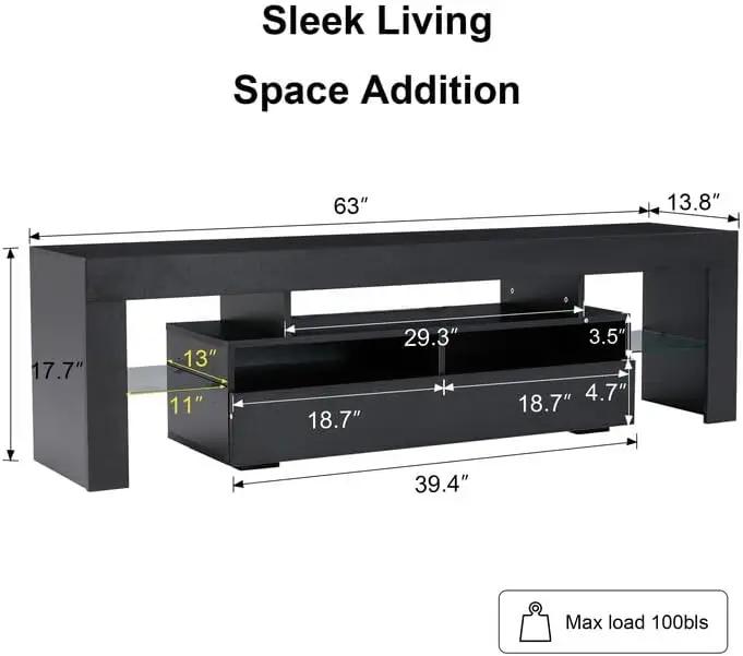 63-Inch Storage TV Cabinet with Multi-Color LED Lighting Strips Modern TV Support Shelf Organizer for Living Room