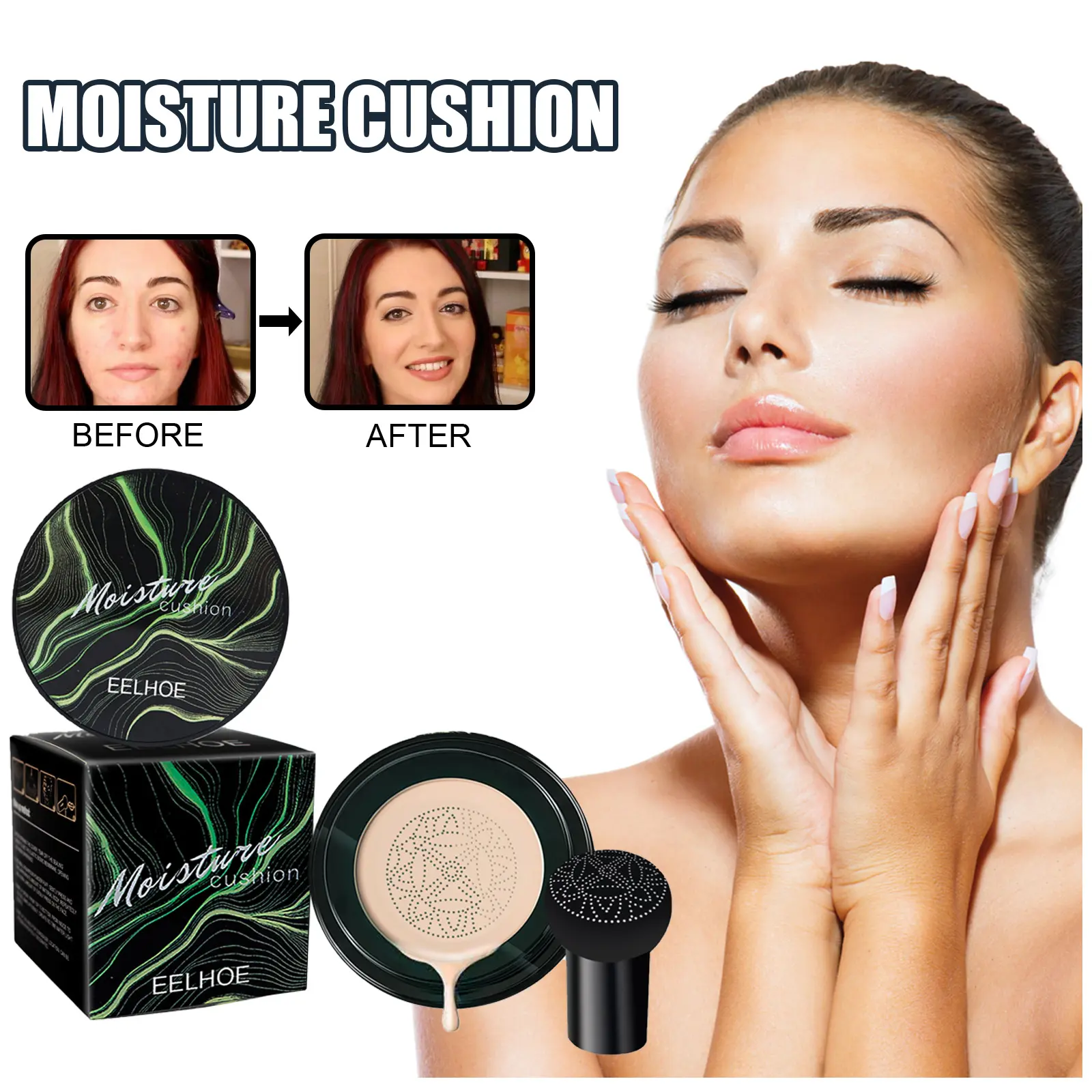 EELHOE Mushroom Head Cushion BB Cream, Natural Nude Foundation, Cover Blemishes Brightening Skin, 3 Shades(Ivory/Natural/Dark), Enriched with Collagen, Hyaluronic Acid, Waterproof Long Lasting Dewy Makeup, Ideal Birthday Holiday Gift for Women