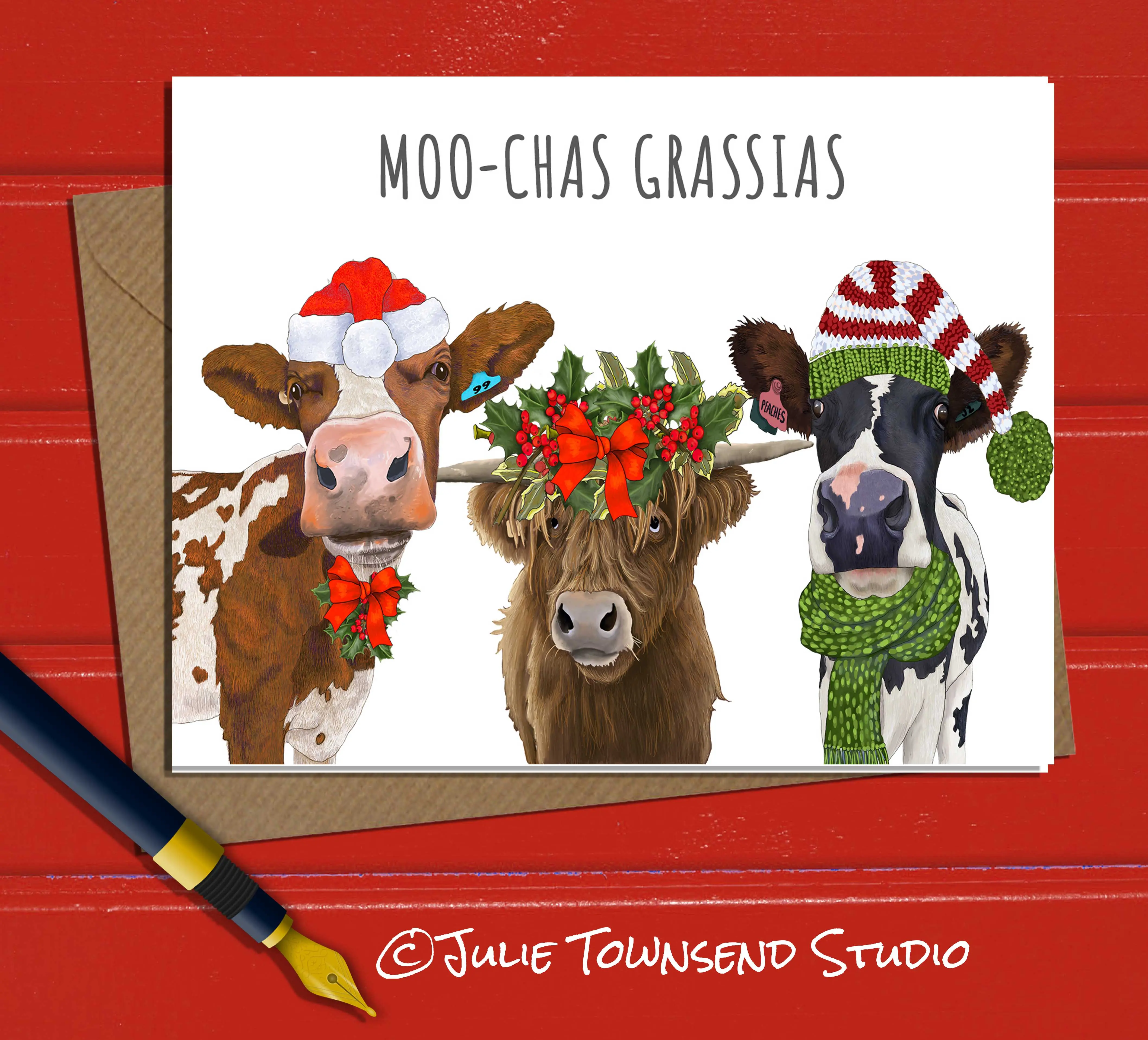 Set of 10 Handmade Christmas Cows on the Farm Thank You Cards by Julie Townsend