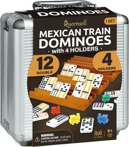 Queensell Mexican Train Dominoes Set with 4 Holders Double 12 Tiles Wooden Hub & Trays for 2-9 Players Portable Aluminum Case