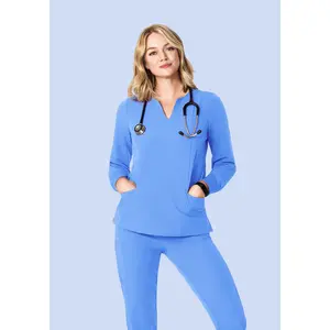 Long Sleeve Notch Neck Top Ceil Blue