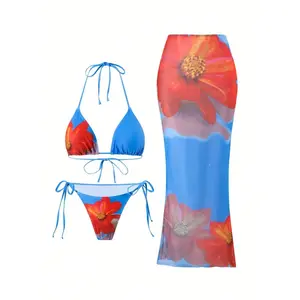 Summer Y2K 3 Piece Tropical Floral Bikini Set Women Blue Red Halter Triangle Side Tie Swimsuit with Split Maxi Cover Up Skirt Beach Vacation Bathing Suit Flattering Tummy Control Snatched Waist for Midsize Curvy Women high waisted rash guard