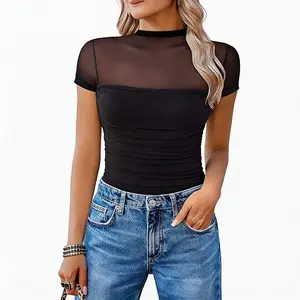 Women's Short Sleeve Bodysuit Turtle Neck Body Suits Mesh One Piece Leotard Going Out Tops Date Outfits