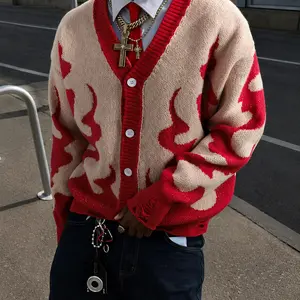 Mens Y2K Red Flame Graphic Cardigan Sweater Distressed Grunge Streetwear Knit V-Neck Button Up Vintage Retro Knitwear Alt Opium Hip Hop Oversized Fall Winter Sweaters For Men Ripped Frayed Hem Unisex S-XXL