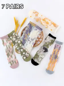 7 Pairs Women's Multi-Color Floral Jacquard Mesh Mid-Calf Socks, Breathable Ice Silk Colorblock Design, Fresh Sweet Style for Daily Wear