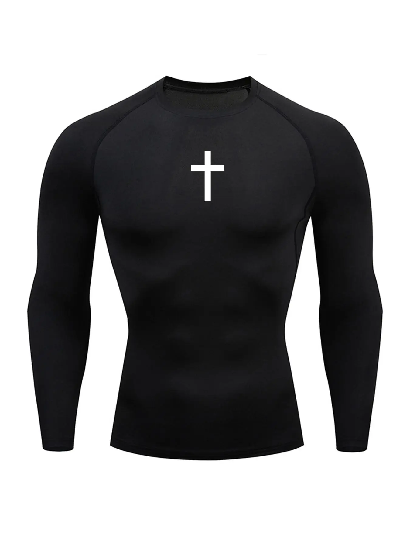 Men's Cross Print Round Neck Sports Tee, Tight Sporty Quick Drying Breathable Long Sleeve T-shirt, Men's Sportswear for Spring & Fall Gym Workout