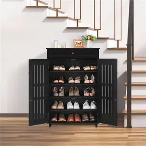Yaheetech  5-Tier & 1 Drawer Shoe Storage Cabinet Closed Adjustable Shoes Rack with Louvered Door Entryway Hallway Furniture Black
