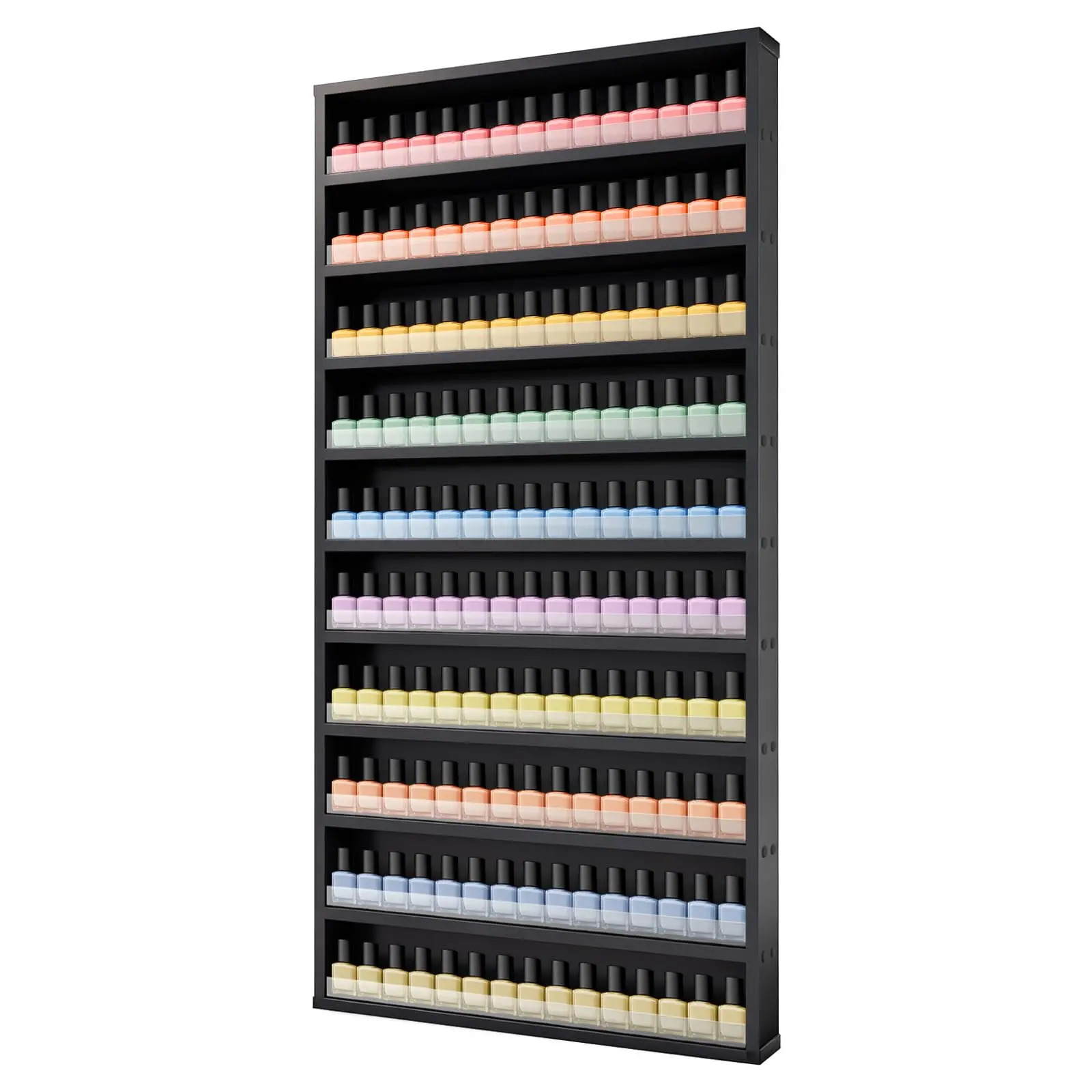 10-Tier Sturdy Adjustable Wall-Mount Wooden Nail Polish Rack with Acrylic Barrier, Hardware Included, Holds 200 Bottles, Commercial Salon Furniture for Salon & Home Spa Cosmetic Storage Display Case