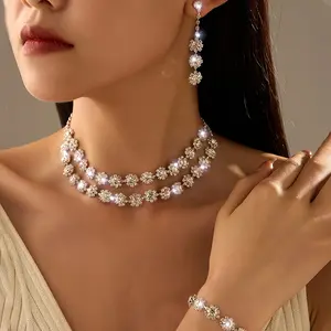 Luxury Sparkling Zircon Necklace Earrings and Bracelet Set for Women Perfect for Wedding Party Prom Formal Events Elegant Bridal Jewelry Gift Boxed