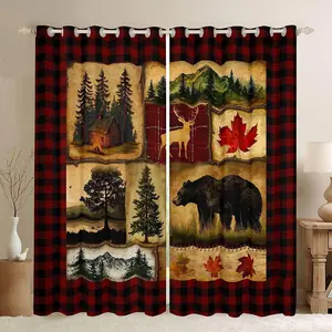 Bear Cabin Plaid 100% Blackout Curtains,Rustic Farmhouse Curtains,Retro Hunting Deer Window Treatments,Country Woodland Pine Tree Curtains Drapes,Maple Leaf Darkening Curtains,Red Black Brown