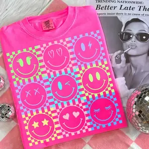 Neon Summer Smiley Face Checkerboard Comfort Colors Shirt, Sunshine Beach Life Graphic Tee, Trendy Neon Summer Outfit, Retro Vacation Vibes T-Shirt