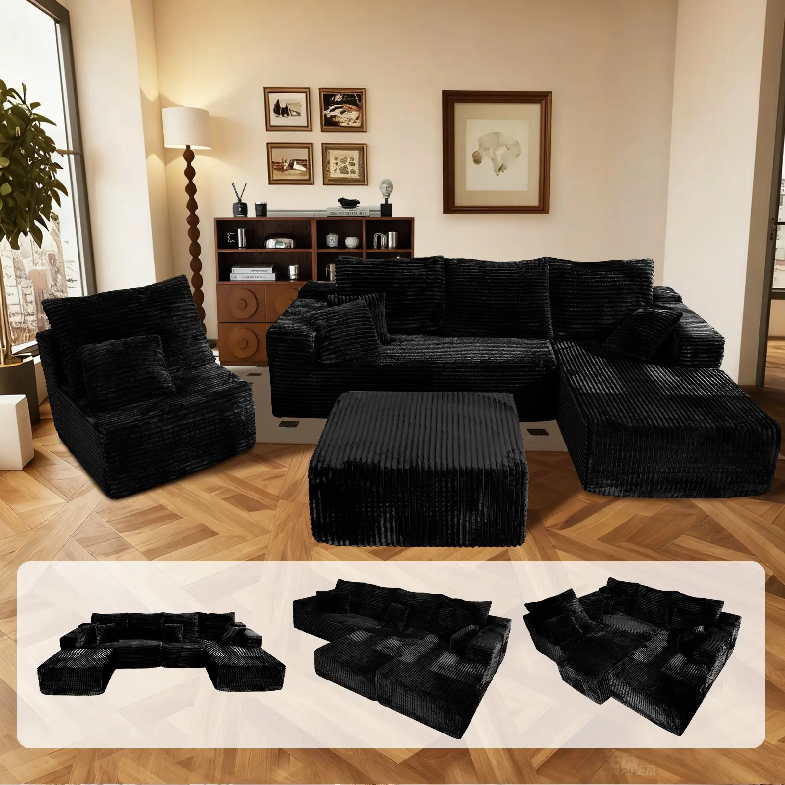 HSECOYAY Oversized 126" L Shape Cloud Couch PlusSectional Sofa with Chaise Modern Modular Sofa with 8 SoftPillows & Lounge Chairs Boneless Upholstered Couches forLiving Room Bedroom Plush Corduroy Fabric