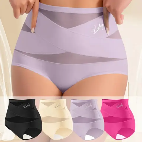Women's High-Waist High-Cut Shaping Panties (4/5/6/8-Pack Mixcolor) - Seamless Ice Silk Mesh Polyamide Blend Underwear, Cheeky, Medium Stretch, Lightweight, Breathable, Slight Tummy Control, Everyday Wear