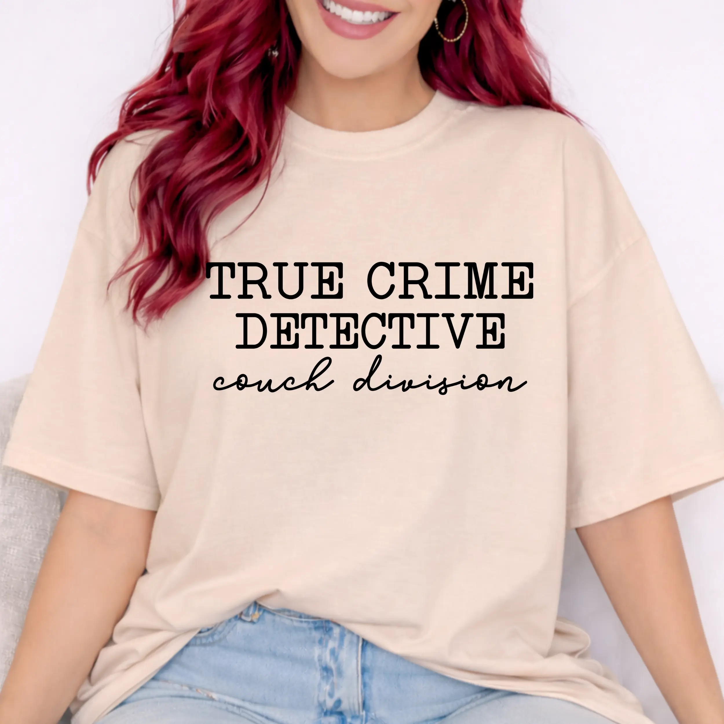 Women's True Crime Detective Solid Print Graphic Tee - Solid Ribbed Cotton, Slim-Fit, Casual Crewneck, Short-Sleeve, Lightweight Tubular Knit, All-Seasons Digital Print Top (Do Not Dry Clean)
