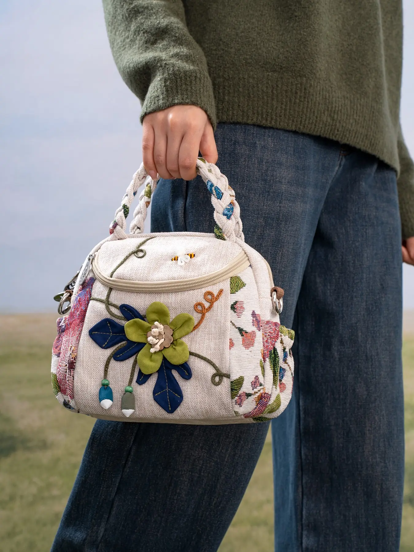 3963 Vintage Embroidered Floral Ethnic Backpack Handbag Shoulder Bag Mini Over The Garden Wall Mini Backpack Floral Drawstring  main image 3