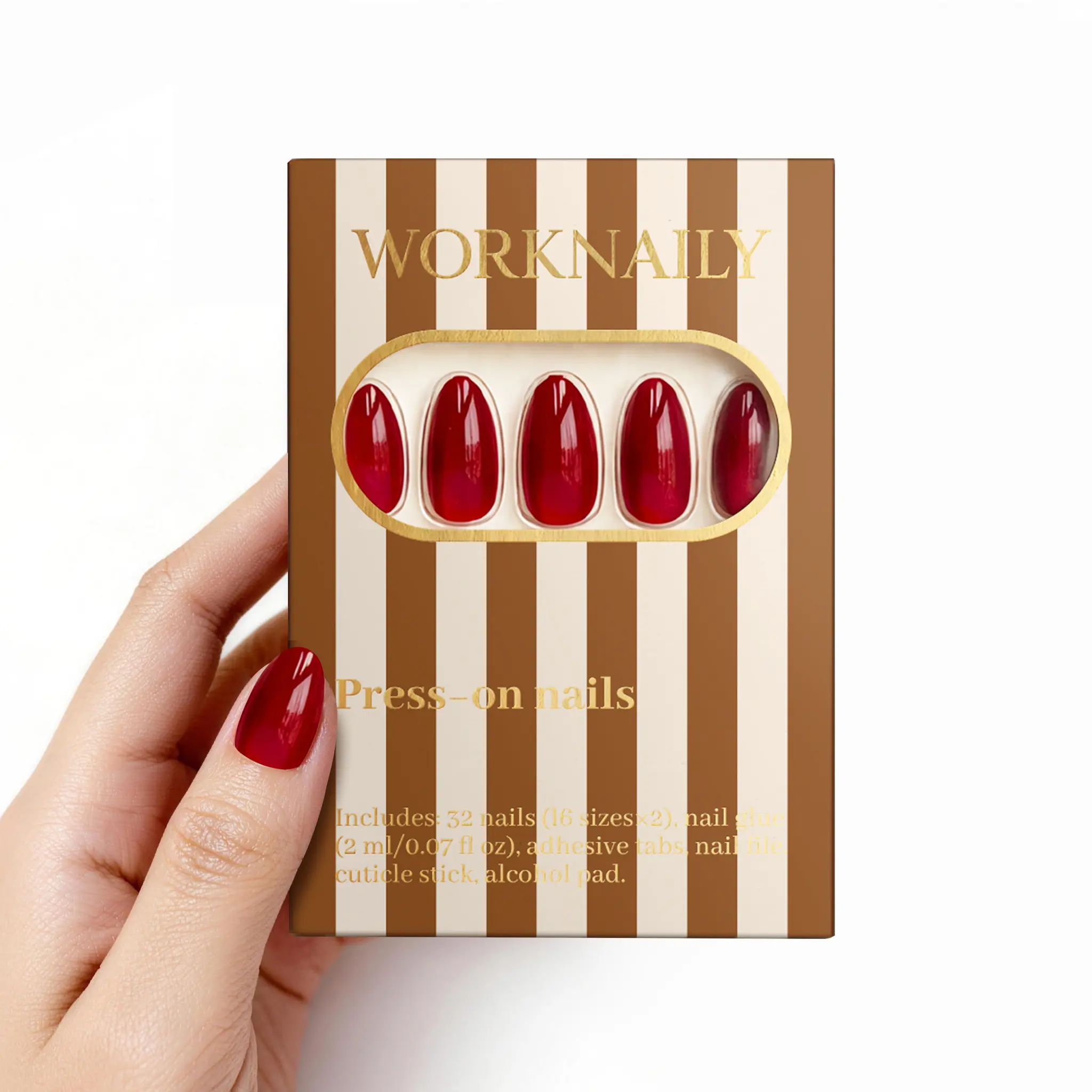 Worknaily - Short Almond Cat Eye Cherry Red Press On Nails 32PCS, Reusable Glossy Trendy Glam Nails