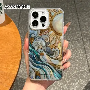 Magnetic Stylish Case for iPhone 17 16 E Pro Max 15 Plus 14 13 12 11 XS XR, Sun and Waves Stained Glass Aesthetic | Shockproof, Silicone, Lightweight, Girly, and Scratch Resistant Protection