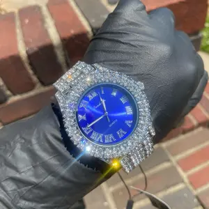 Iced Bling Out Blue Dial 44MM Hip Hop Mens Luxury Statement Watch