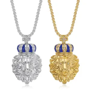 Retro and Domineering Punk Style Synthetic Zircon Crown Lion Head Pendant Stainless Steel Men's Necklace Suitable for Graduation Parties, Party Rock, Gifting To Family and Friends, Birthday Gifts, Accessories and Accessories