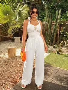 Women's 2 Pieces Outfits - Halter Neck Starfish Shell Decor Tops & Textured Wide Leg Drawing Pants, 2026 Trendy Summer Beach Resort Matching Sets, Tropical Getaways Party Vacation Fashion Co-ords