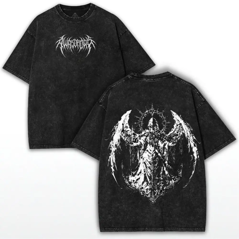 Y2K Gothic Angel Oversized Tee: Vintage Washed Streetwear Shirt